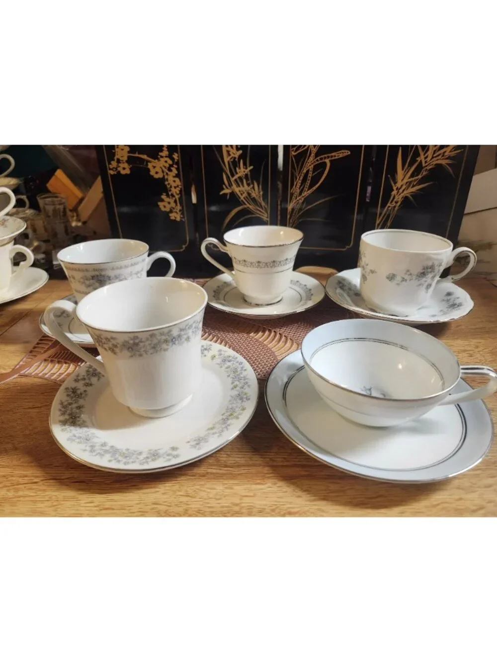 Mismatched China Tea Cups & Saucers Blue Theme Porcelain Floral